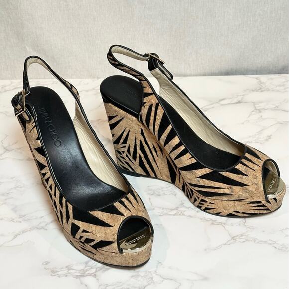 JIMMY CHOO Prova Black Laser-Cut Suede & Cork Wedge, 120mm SZ IT41 US10 $625 - Picture 5 of 12